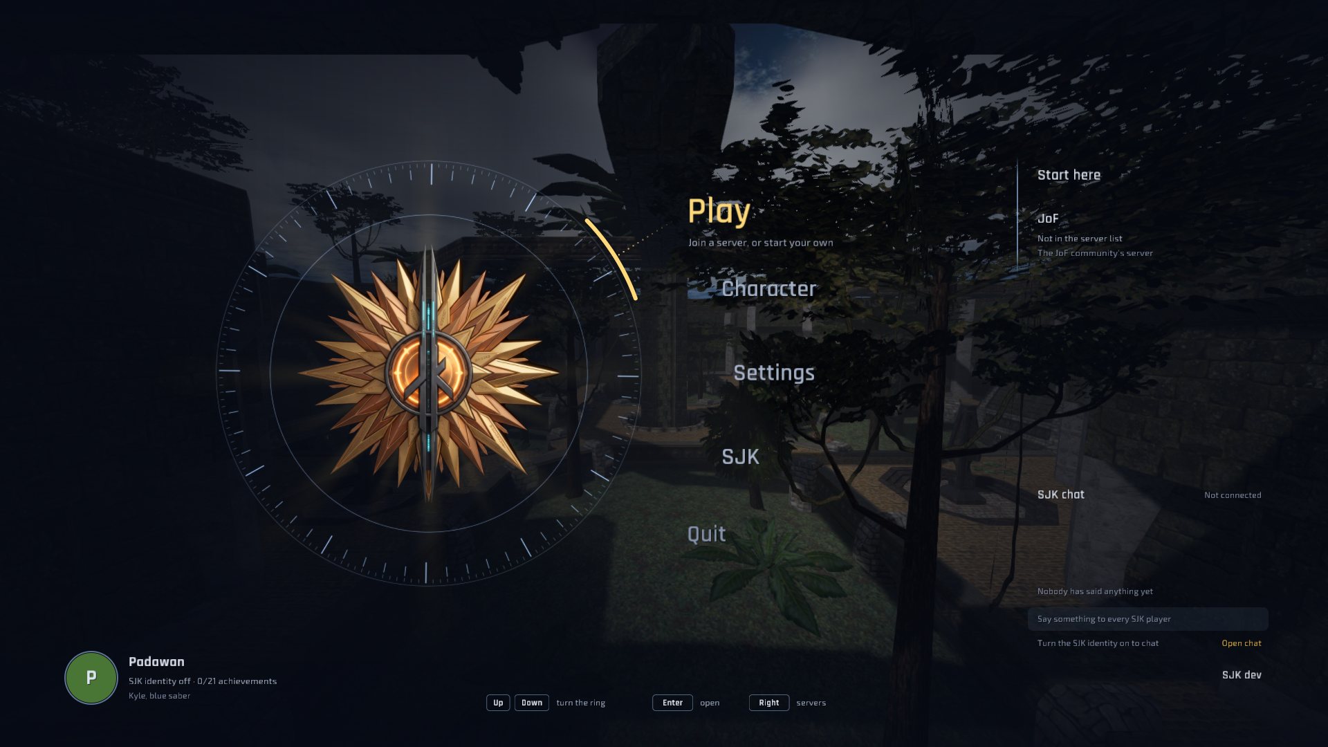 The SJK UI's main page: the emblem in its ring, the menu on an arc and recent servers, over Yavin Training Grounds