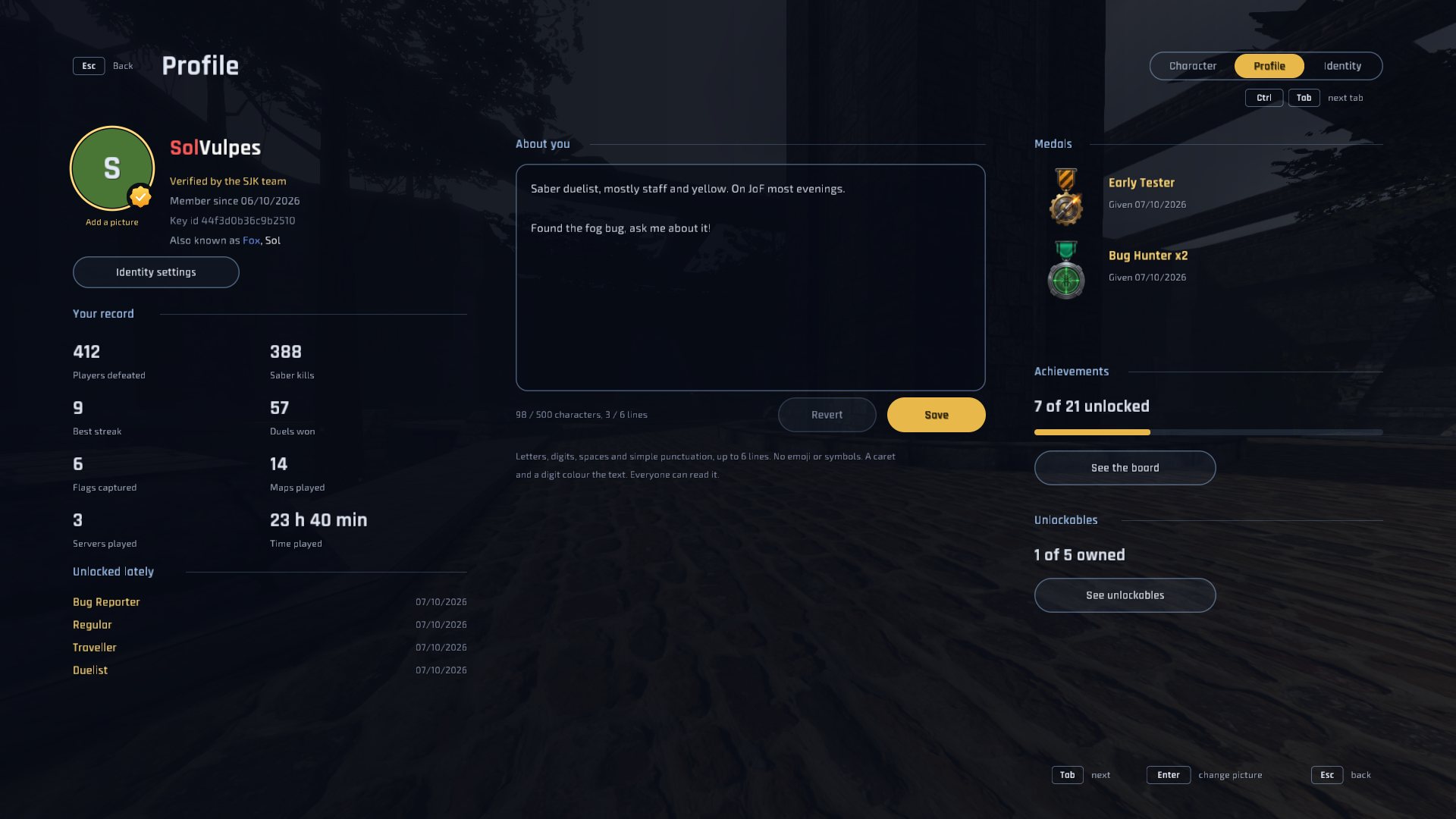 The SJK UI's Profile screen with medals and achievements