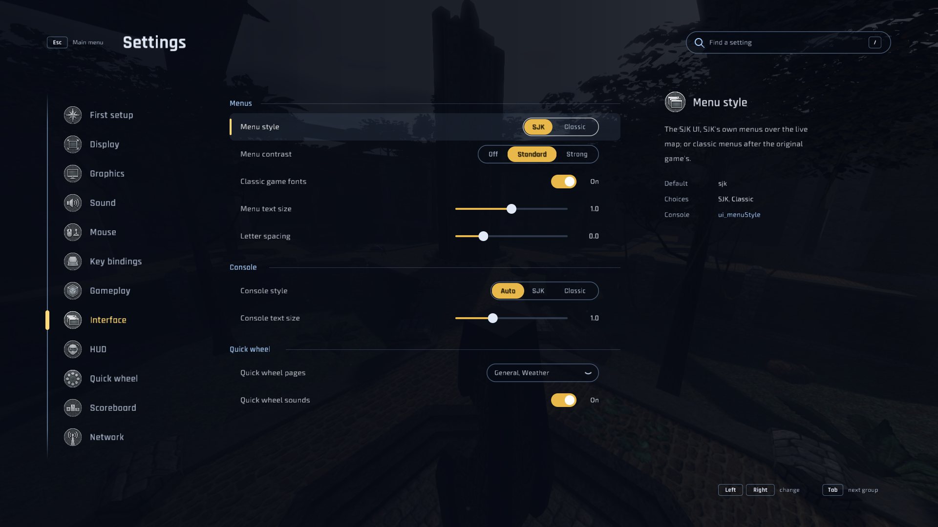 The SJK UI's Settings screen